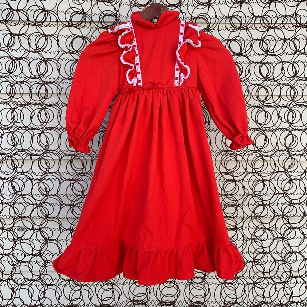 Vintage girls red ruffle long dress handmade dress Size 6